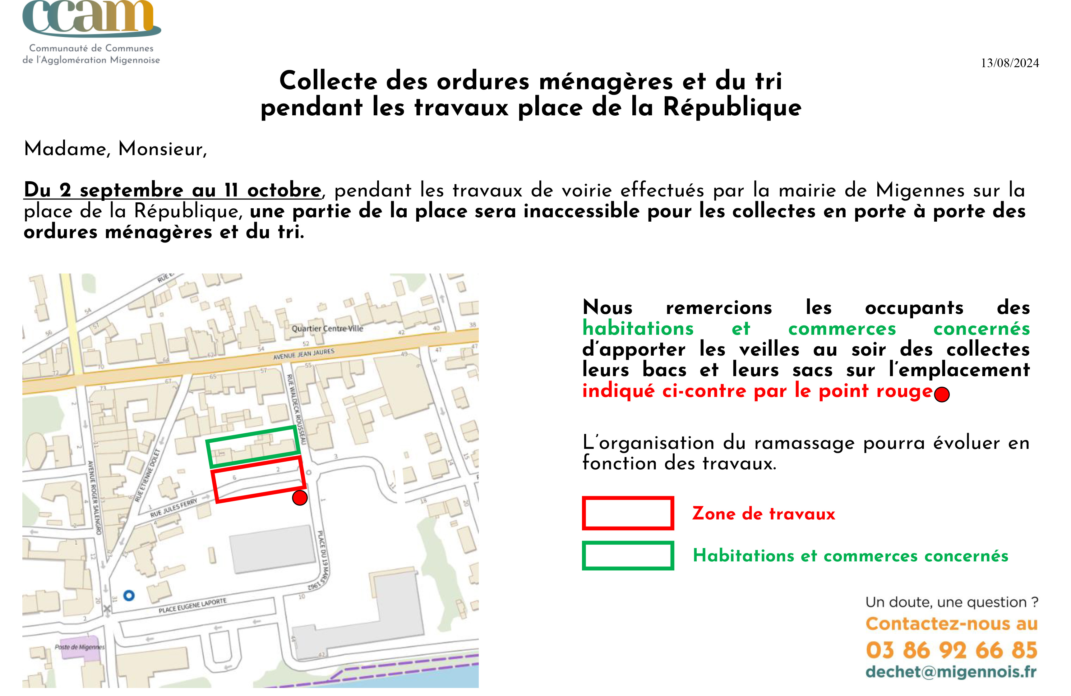 Collecte des ordures ménagères et du tri pendant les travaux place de la République à Migennes